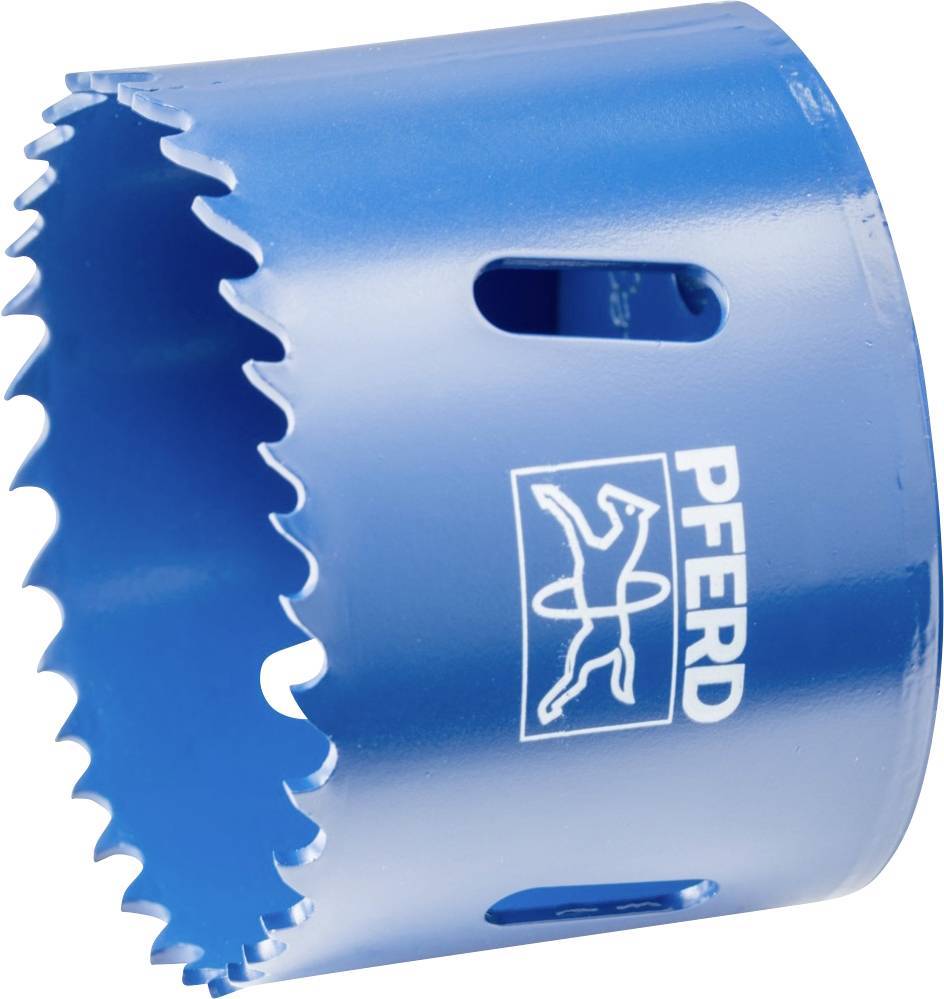Blue hole saw attachment with sharp teeth, marked with 'PFERD'. Suitable for drilling large holes in various materials.