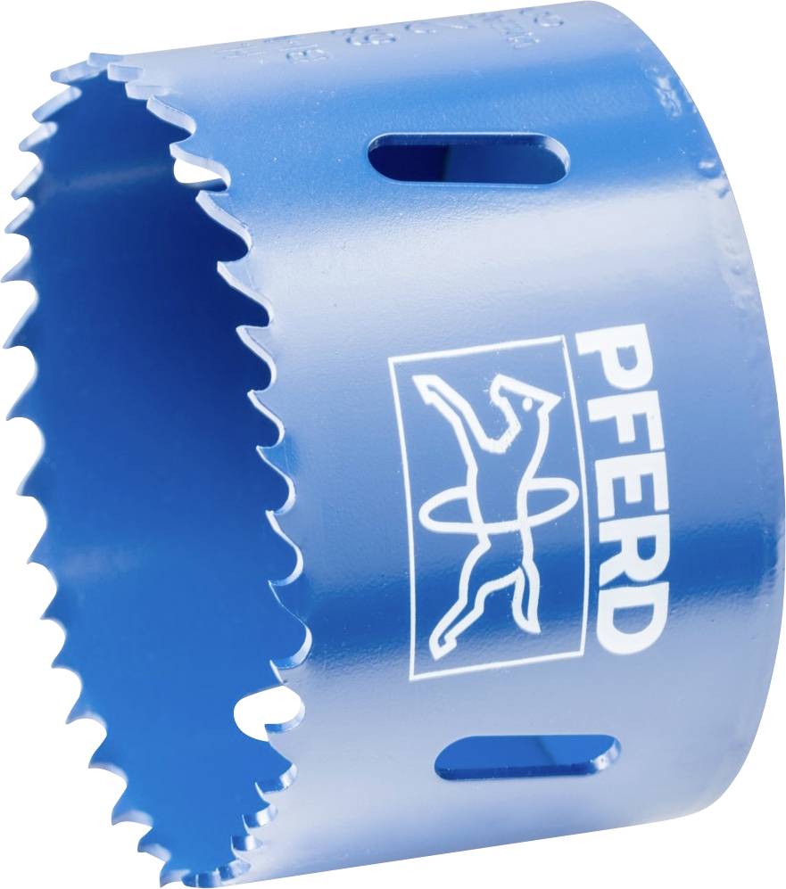 Blue hole saw attachment with serrated edge and 'PFERD' logo, used for precision cutting of round holes in materials.