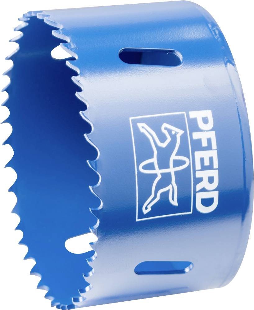 Blue hole saw attachment with serrated cutting edge. On the side is written 'PFERD' with a stylised horse motif.