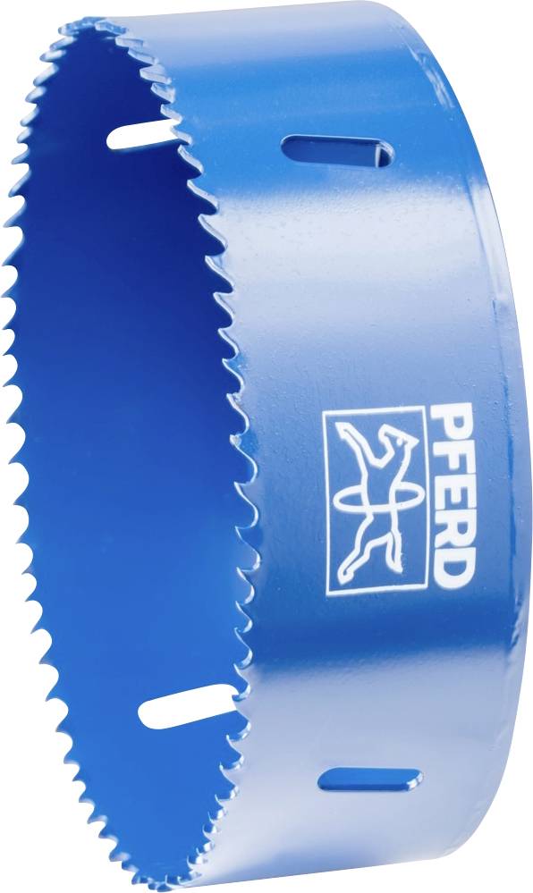 Blue hole saw attachment with serrated edge and 'PFERD' logo. Ideal for drilling large holes in materials.
