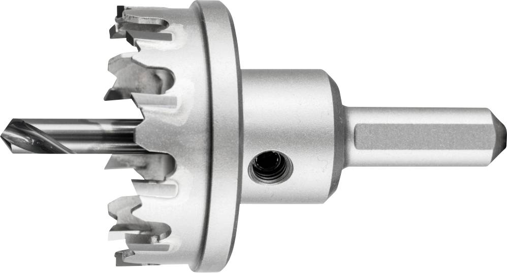 A silver hole saw attachment with sharp teeth and an integrated drill bit. Used for cutting holes in materials.