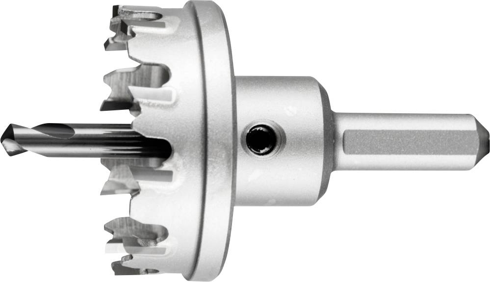 Metal hole saw in silver, with a central spiral drill bit and toothed edges, suitable for drilling circular openings.