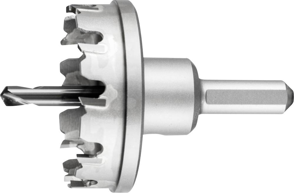 Metal hole saw with centre drill, silver-coloured, suitable for machining metal surfaces.
