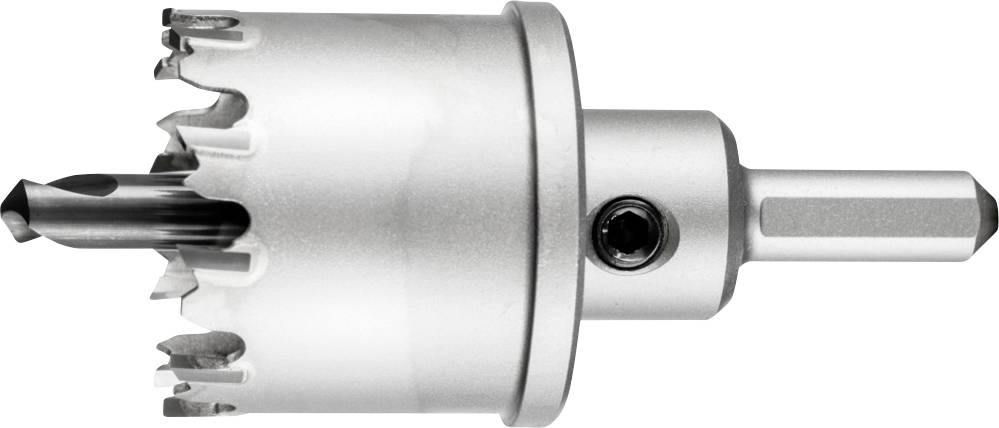 Metal drill crown with multiple teeth and centre drill. Shown from the side, suitable for precise drilling in various materials.