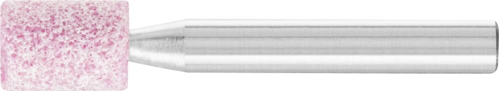 Grinding pin with a cylindrical pink abrasive surface and silver metal handle, used for sharpening or polishing materials.