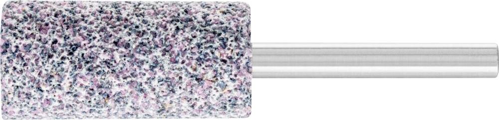 A cylindrical abrasive attachment with a coarsely textured surface and a metal stem, used for fine work or grinding.