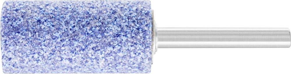 A blue grinding attachment with a fine-grained surface for electric nail files; cylindrical shape with a silver metal shank.