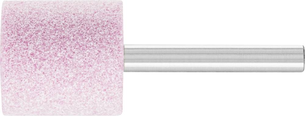 Grinding wheel with pink grinding head and metal pin, side view.