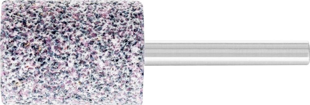 Grinding stone attachment with a cylindrical shape and coarse, multi-coloured grit. Mounted on a silver, cylindrical shaft.