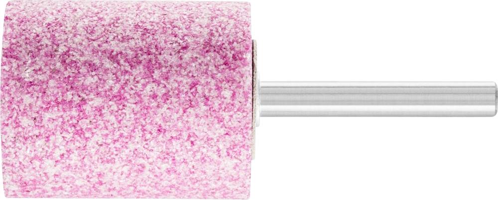 A pink grinding head with a cylindrical shape and metal pin in the centre, used for grinding and polishing.