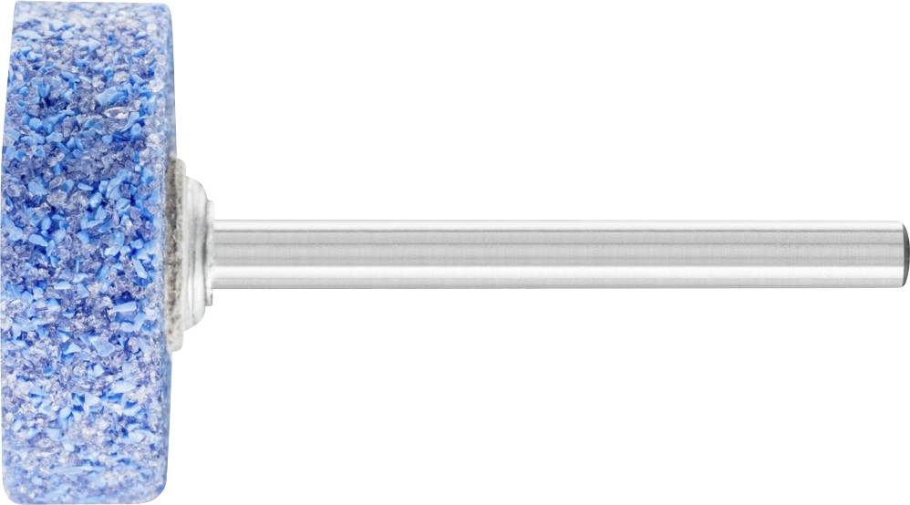 A blue grinding attachment with a cylindrical, granular surface and a silver shank.Purpose of use: Metal or woodworking.