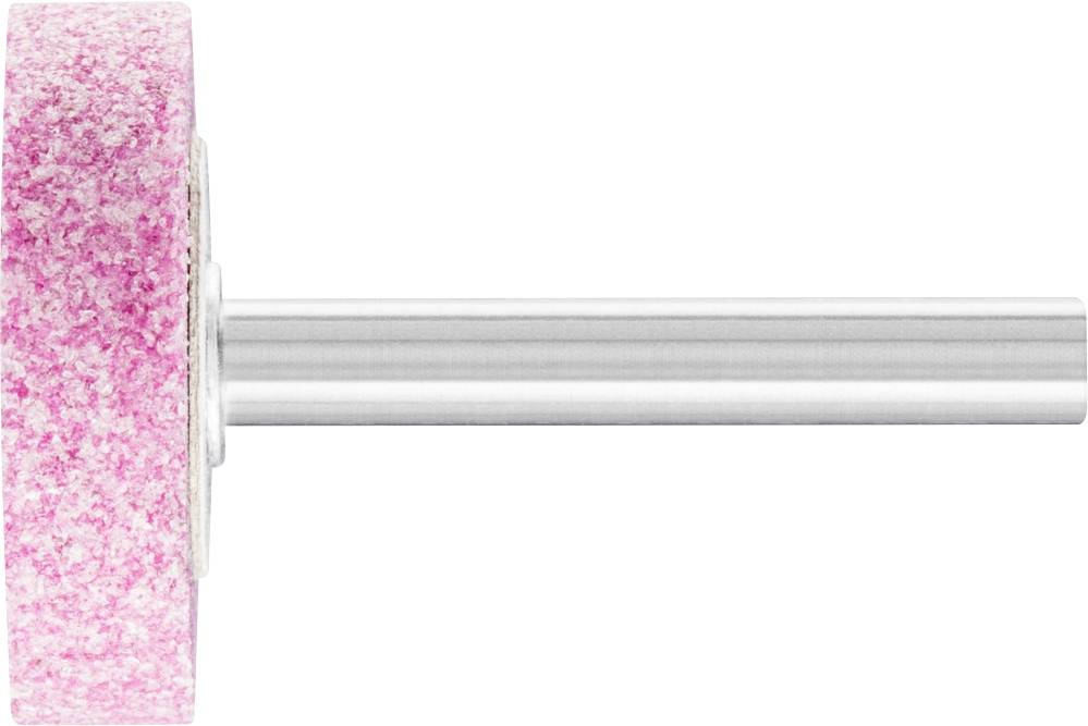 A pink grinding stone with a metallic mount, positioned horizontally, against a white background.