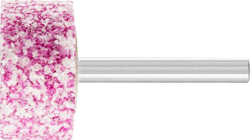 A cylindrical, pink grinding head with a glittery texture, mounted on a silver metal pin, shown from the side.