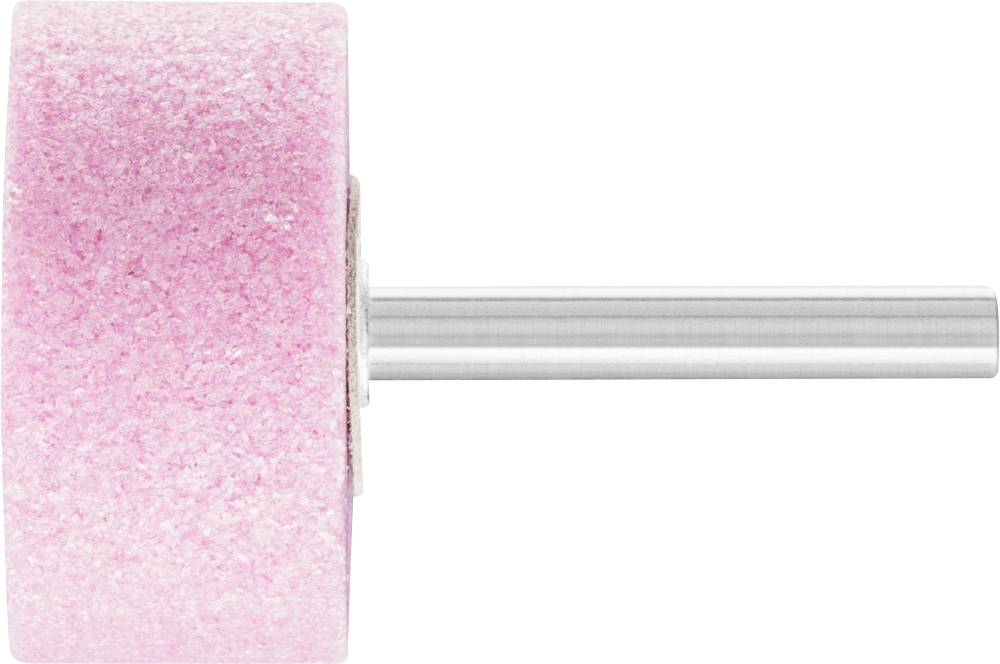 A pink cylindrical abrasive attachment fixed to a metal pin. Suitable for material processing or polishing.