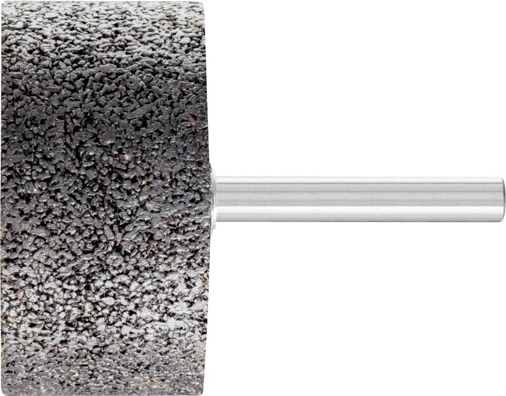 A cylindrical grinding attachment with a rough surface mounted on a metal pin, used for grinding work in workshops.