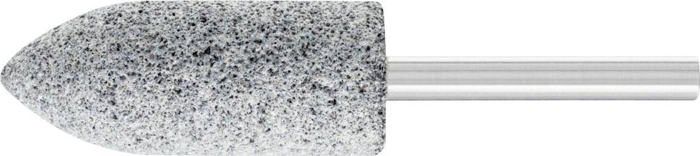 Grinding head made of grey, coarse-grained material with a cylindrical metal shank, used for grinding or polishing surfaces.