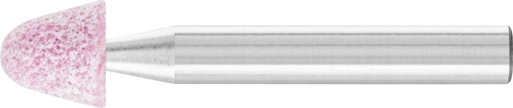 A cone-shaped, pink grinding attachment with a silver shaft, used for precise grinding and polishing.