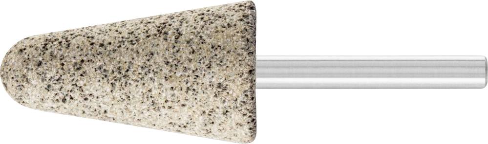 Conically shaped grinding attachment with a granular surface and metal pin, suitable for precise grinding and polishing of materials.