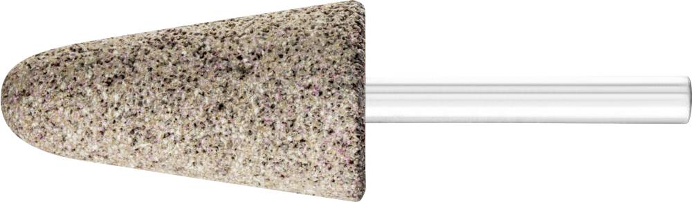 Conical grinding head with a rough surface, attached to a metal pin, suitable for grinding and polishing materials.