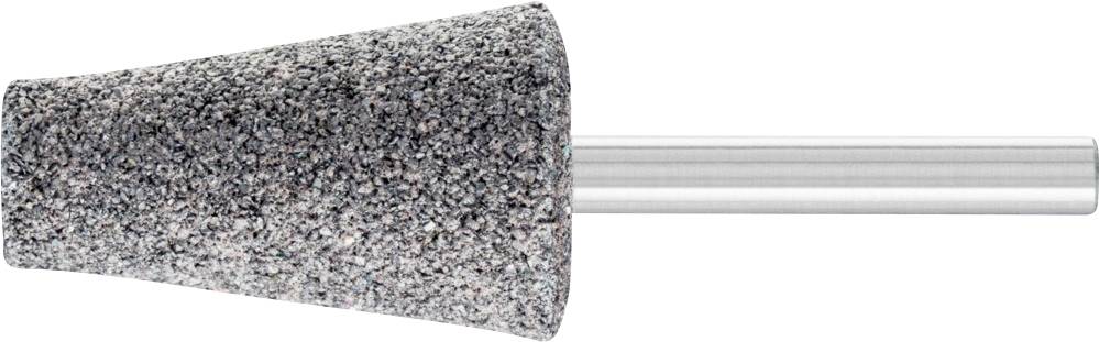 Grinding attachment made of grey stone for rotary tools, tapered shape with metal pin for securing.