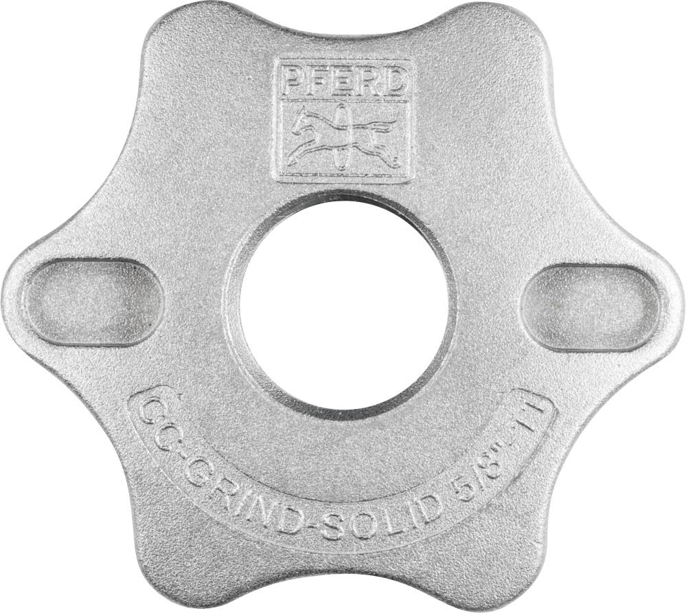 'PFERD GCO GRIND SOLID 5/8-11', silver star-shaped grinding tool, centred hole, groove pattern, logo on top.