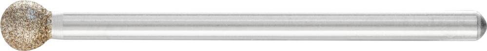 Spherical milling cutter with brown grinding surface and silver handle, likely for precision machining or dental work.