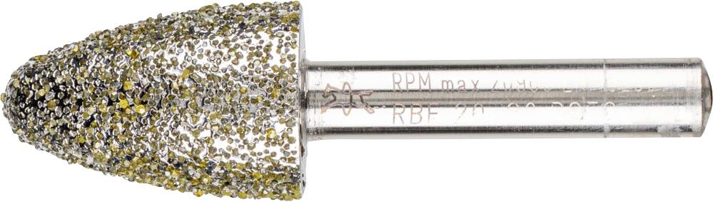 Metal attachment with granular surface, used for grinding work. Cylindrical shape with pointed end, mounted on metal rod.