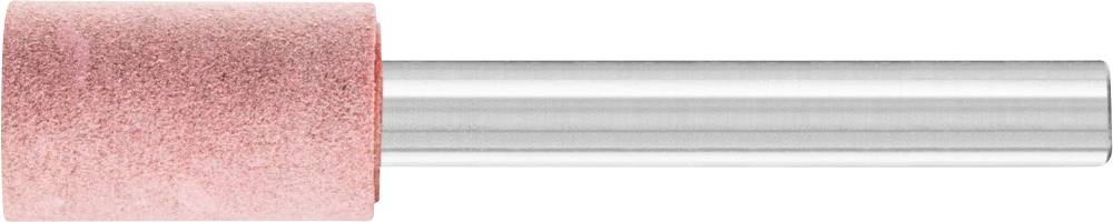 Pink grinding wheel on a silver metal rod, used for precision grinding work.