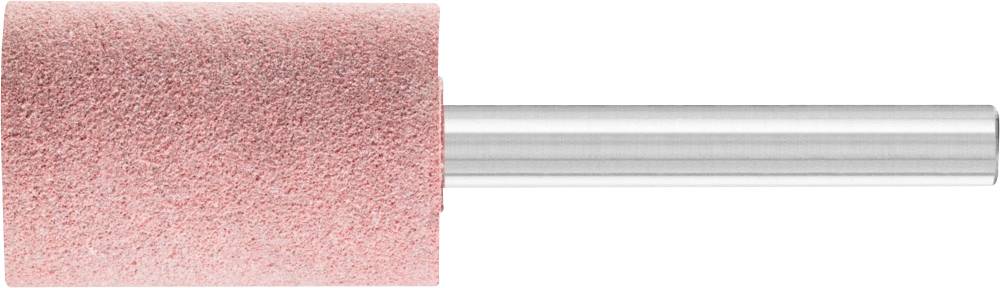 Rose-coloured grinding attachment with a cylindrical shape, mounted on a metallic rod. Used for grinding and polishing work.