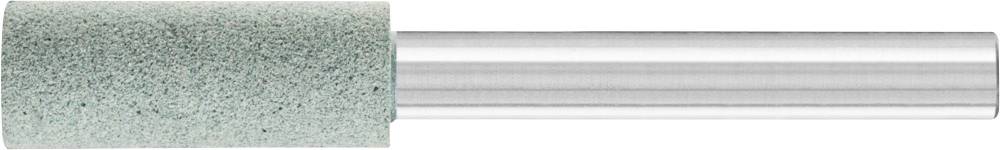 A cylindrical grinding head with a green, granular surface and a metallic shaft on the right. Ideal for polishing materials.