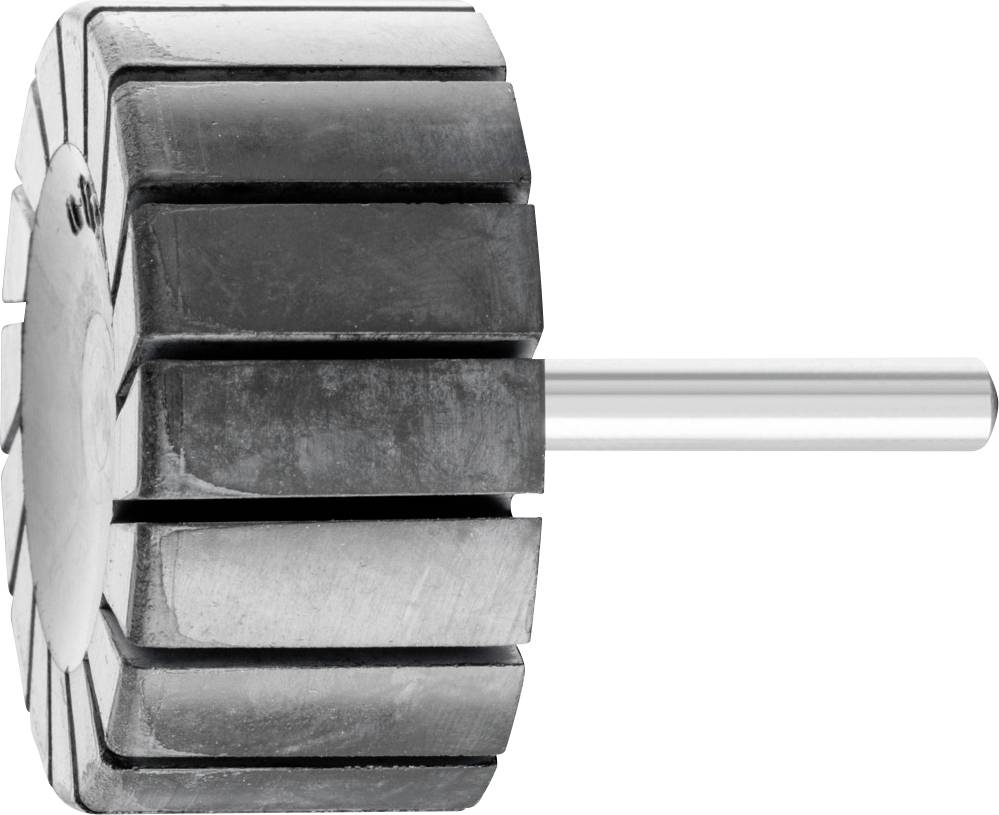 Cylindrical grinding tool with multiple lamellae and a long, shiny metal pin in the centre, against a white background.