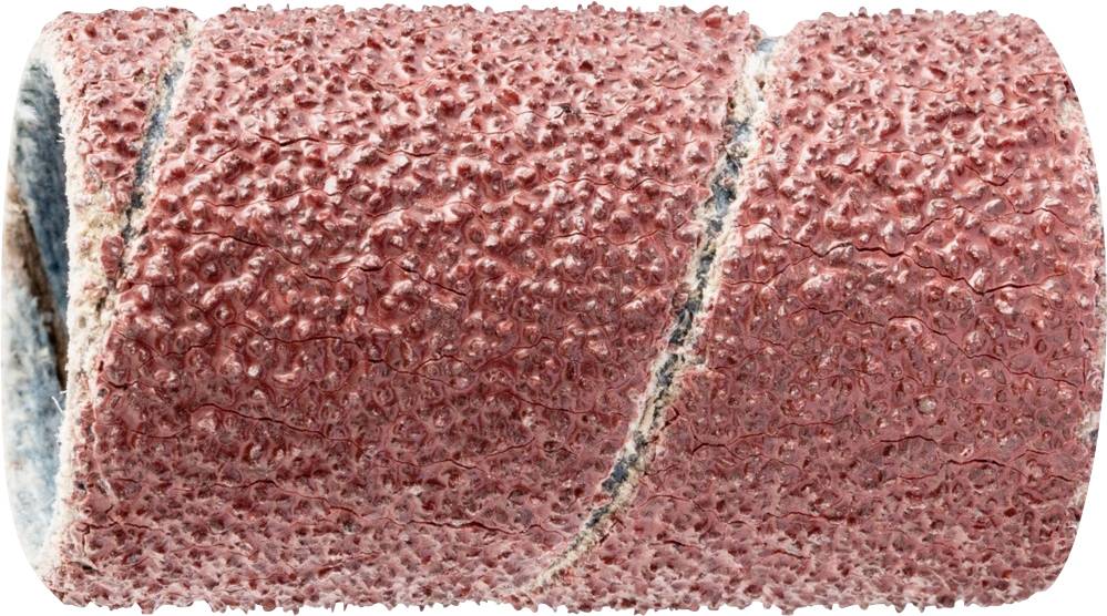 A red, coarse-grained grinding wheel, cylindrically shaped, used for surface processing.