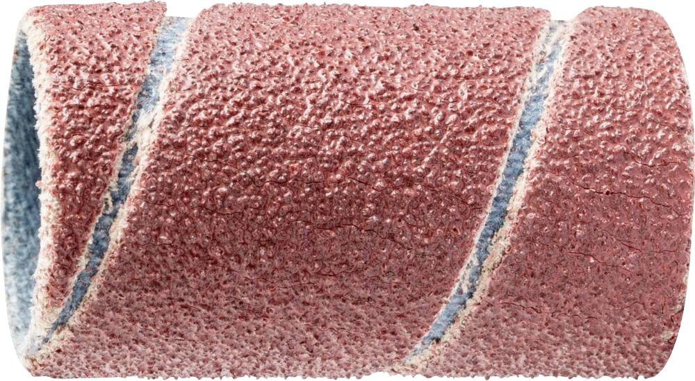 Here is a sanding belt with a rough, red surface used for grinding tools. It has a spiral-like structure.