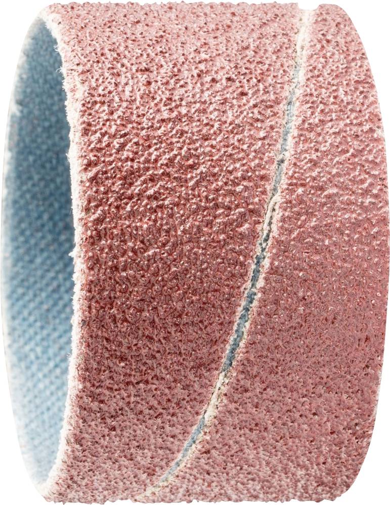 A pink abrasive belt with a slightly skew seam, textured for use in grinding work, viewed from the side.