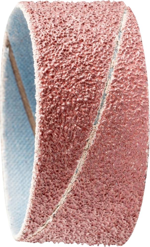 A red sanding belt, cylindrically shaped, with a granular surface for use in grinding machines.