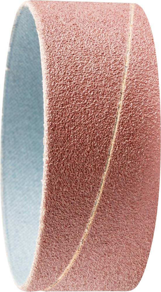 A sanding belt with a red, granular surface, typically used for tools such as belt sanders. It has a closed loop.