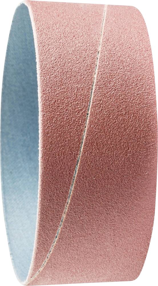 Red sanding belt, shown in a curved profile, with fine grit on the outer side, blue on the inner side.