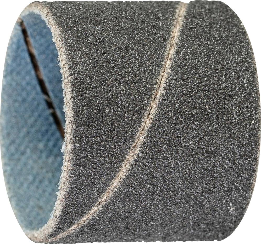 A sanding belt with coarse grit, used for smoothing and shaping materials.