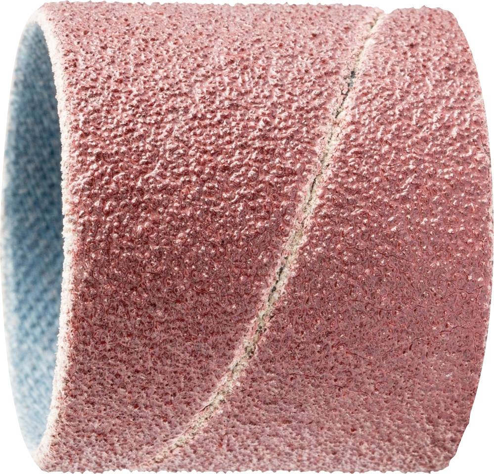 Red abrasive sanding belt with coarse grit for grinding and smoothing surfaces. Cylindrical shape, suitable for handheld grinding equipment.