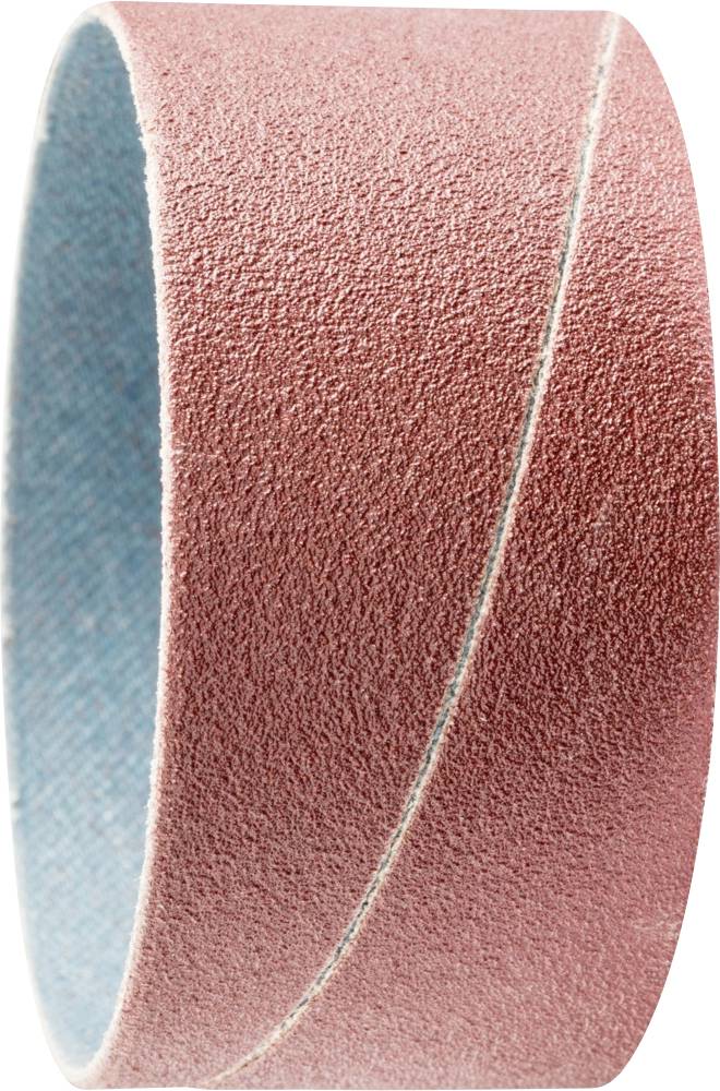 A red sandpaper band, cylindrically shaped, suitable for use on a grinding machine.