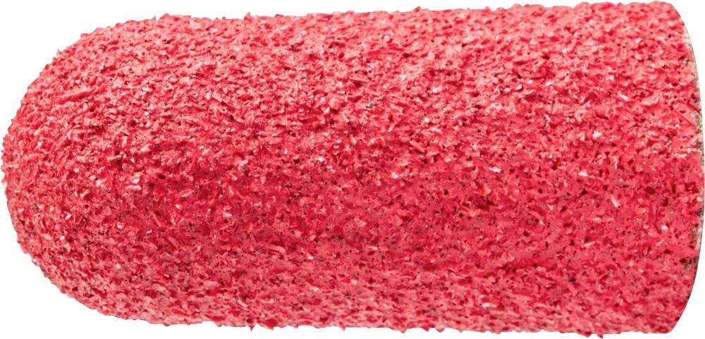 Red sanding cap attachment, textured surface, used for manicure or pedicure, cylindrical shape, coarse grit.
