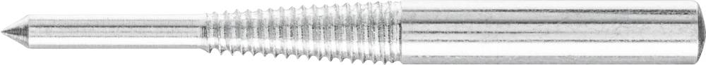 Silver cylindrical metal component with a ribbed surface and a tapered point, potentially a cutting implement.
