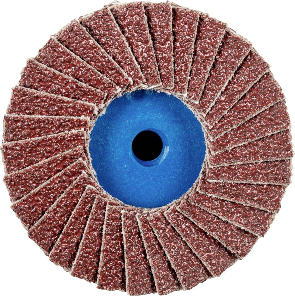 Close-up of a grinding disc, with reddish-brown lamellae around a blue core, used for surface treatment.