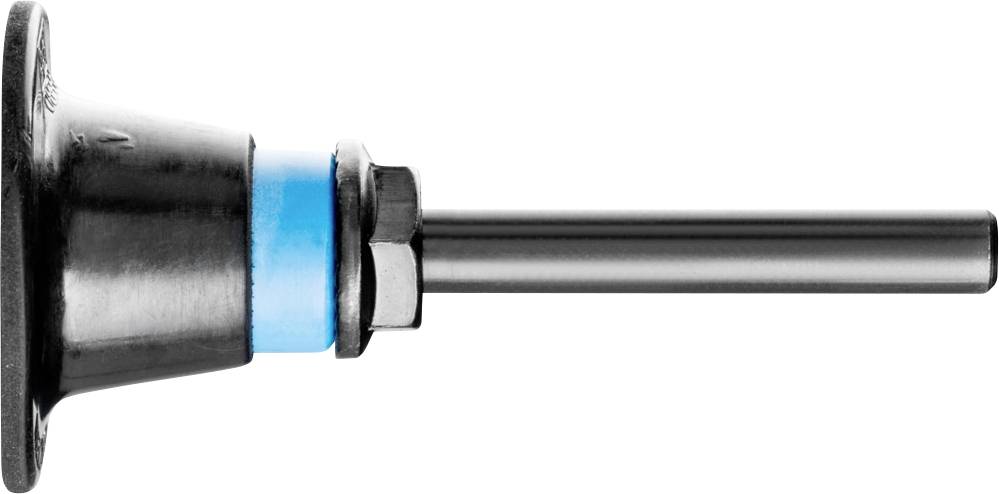A black, cylindrical rubber stopper with a blue ring and metal pin, photographed from the side. A key component of technical equipment.