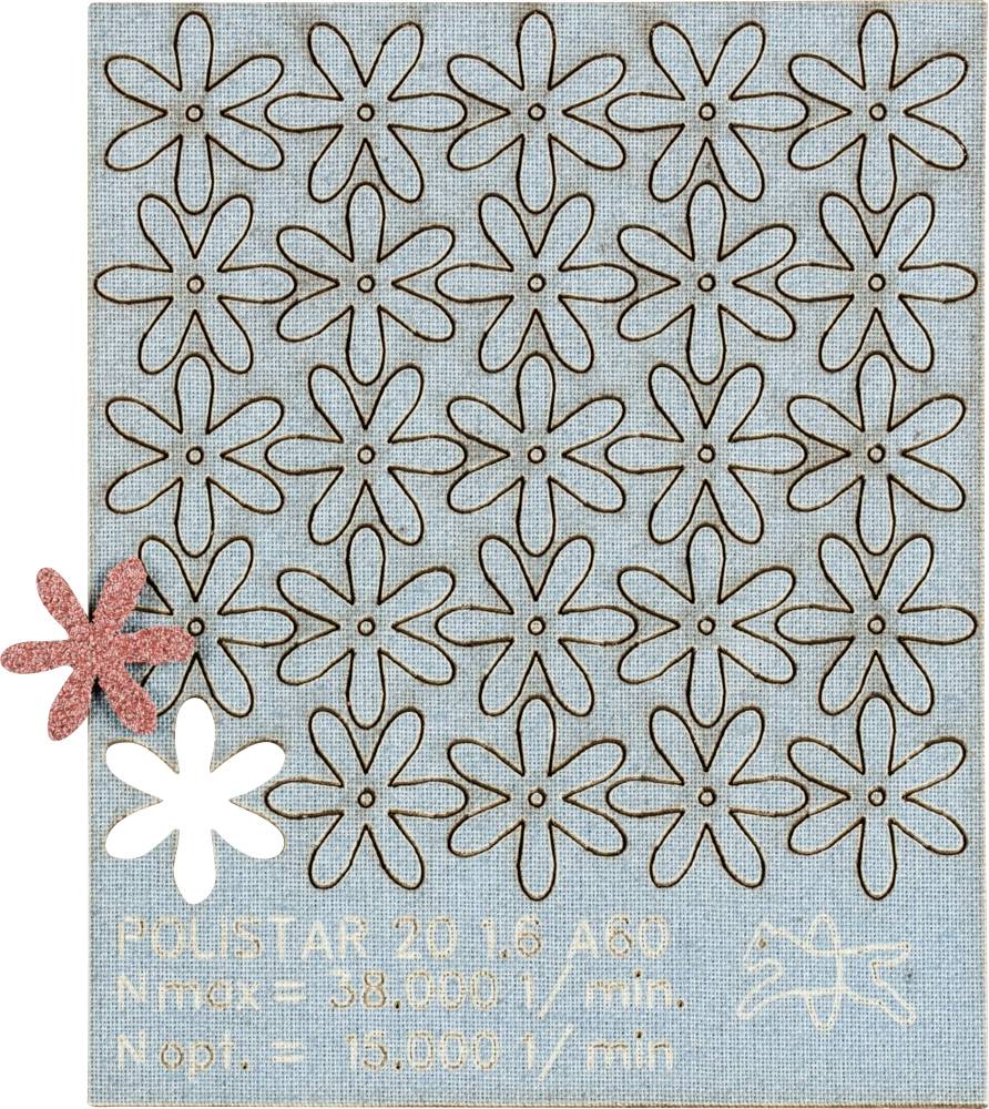 A blue card with laser-cut flower designs and technical details: 'POLISTAR 20 1.6 A60, Nmax = 38,000 rpm, Nopt = 15,000 rpm'. Two flowers highlighted in red and white.