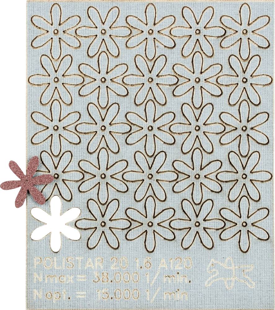 Blue rectangular piece with a matrix of star-shaped patterns. Text below contains technical information and numbers.