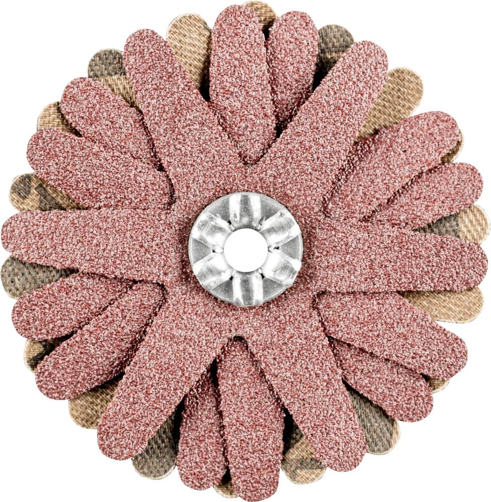 A pink and brown flower-shaped grinding tool with a metal disc in the centre, used for polishing or smoothing.