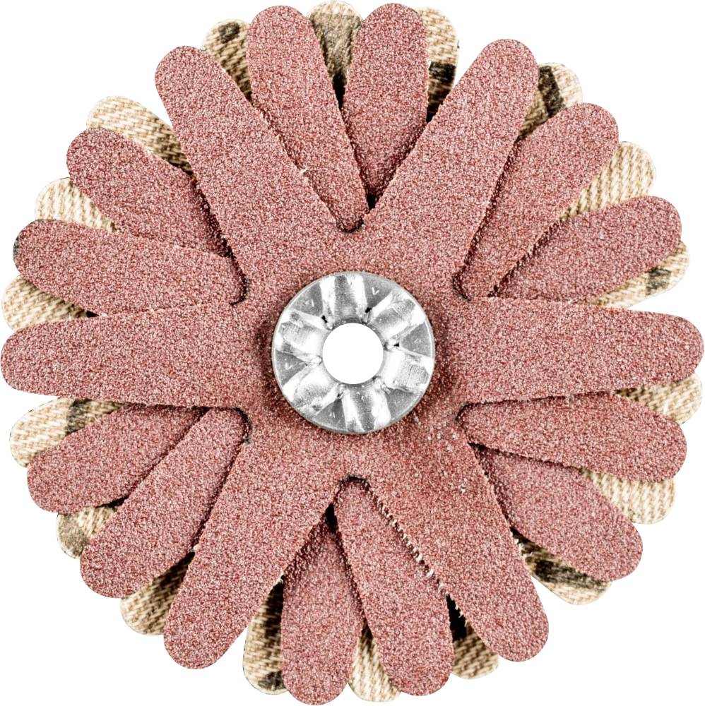 Round pin badge with a red, textured paper surface and silver centre.