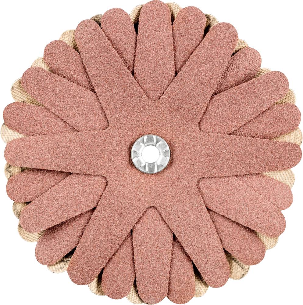 Brown abrasive disc with star-shaped leaves and a hole in the centre, used for sanding work.