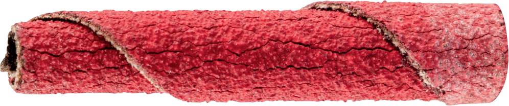 A red textile hose with a spiral structure and rough surface, positioned horizontally.